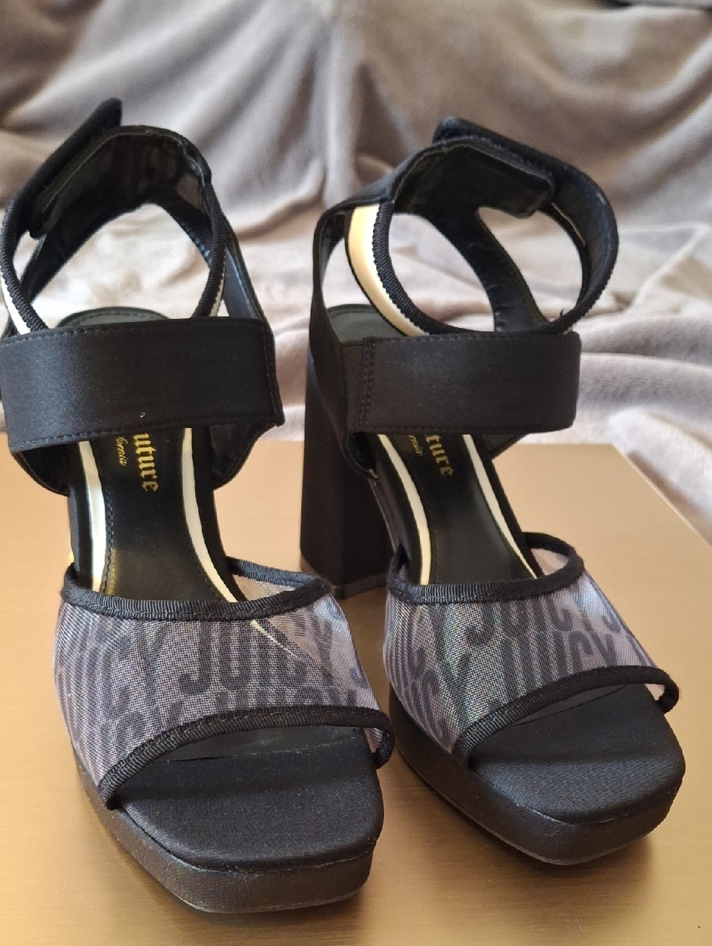 Juicy Couture Black And Goal Logo Platform Heels